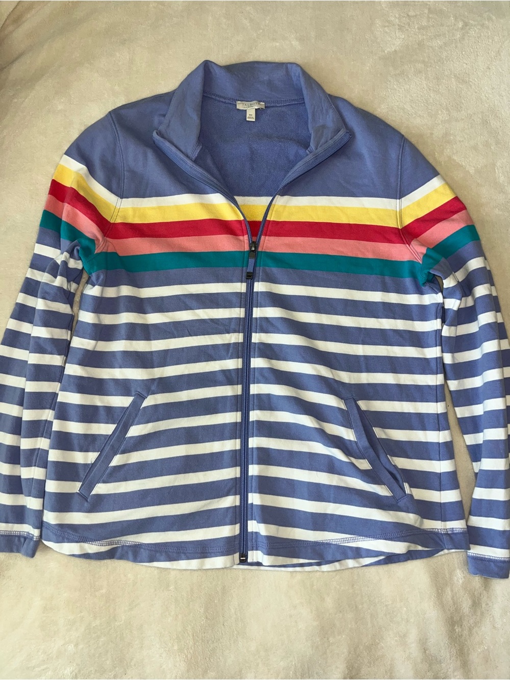 Talbots Zip Front Sweater with Collar Multi Color Stripes Pockets Cotton SZ MP
